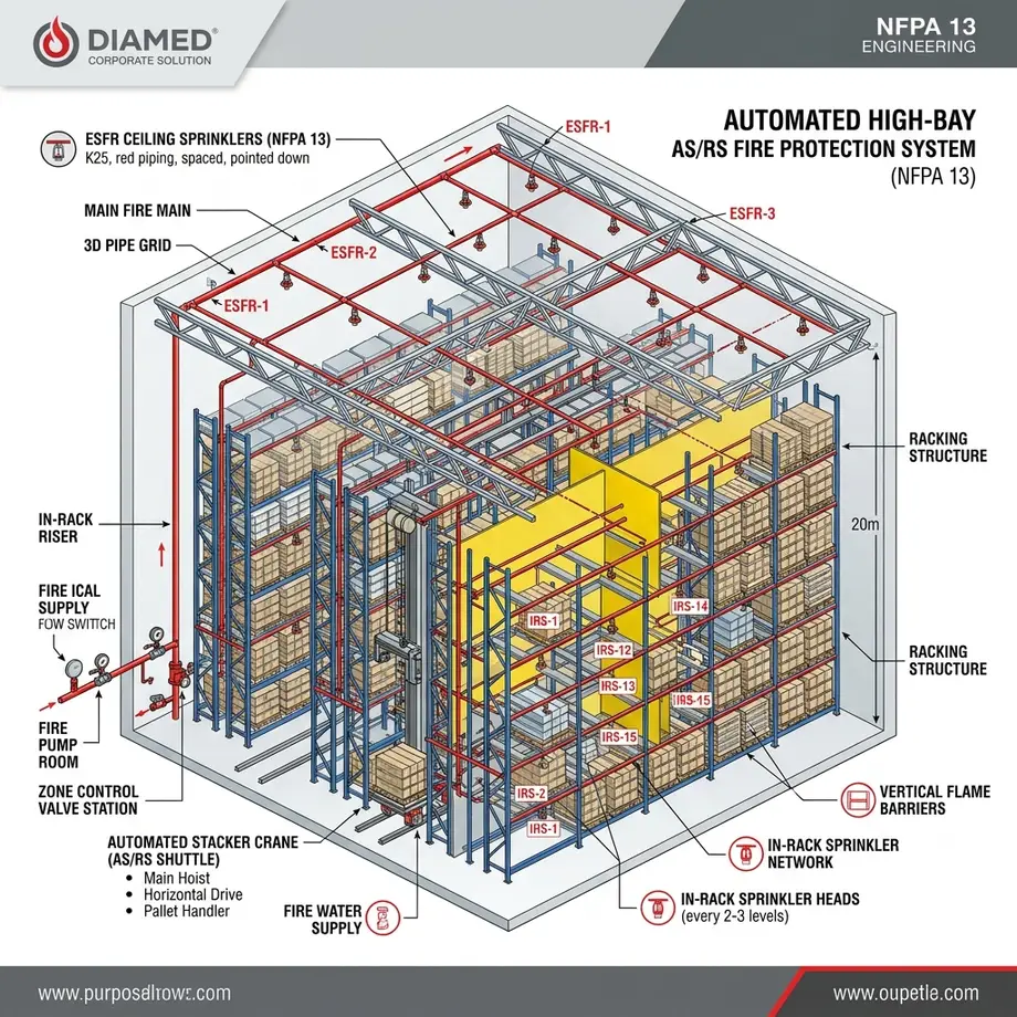 ระบบป้องกันเพลิงไหม้คลังสินค้าอัตโนมัติ (Automated Warehouse & In-Rack Sprinkler System) ตามมาตรฐาน NFPA 13