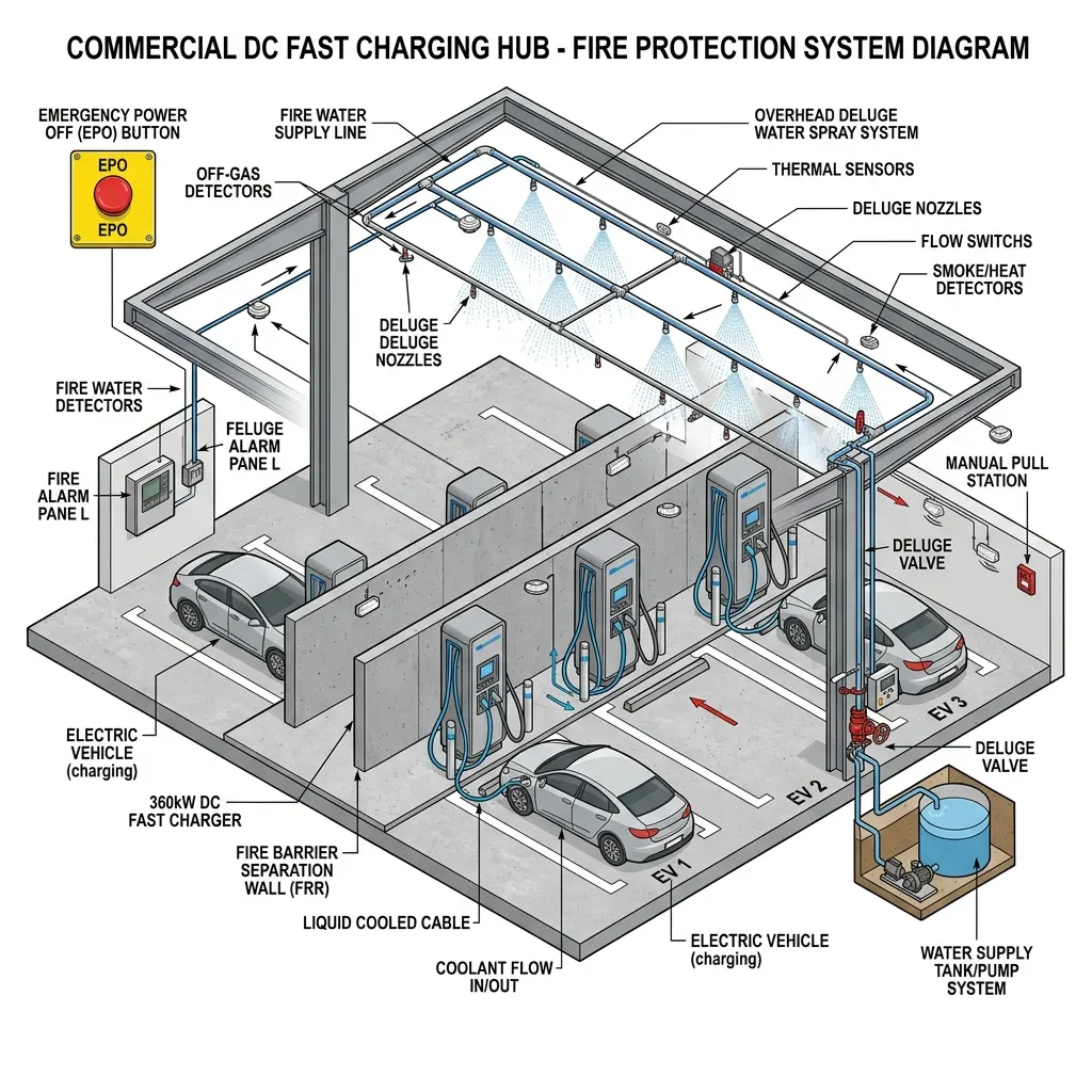 การออกแบบระบบป้องกันอัคคีภัยสถานีชาร์จเร็ว DC Fast Charger (150kW - 360kW+) สำหรับปั๊มน้ำมันและศูนย์การค้า ตามมาตรฐาน NFPA 855 & NFPA 15