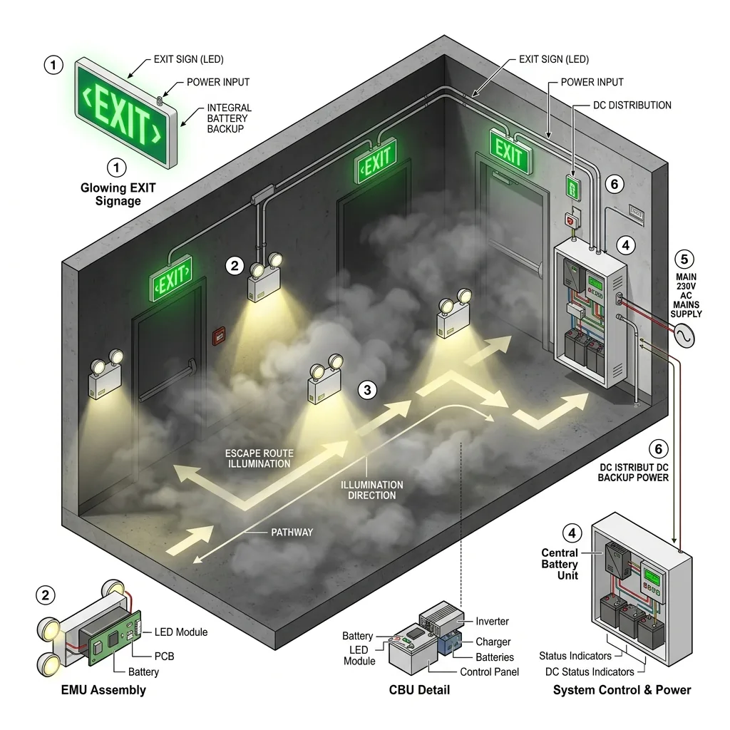 การคำนวณความส่องสว่างไฟฉุกเฉินและป้ายทางหนีไฟ NFPA 101 วสท