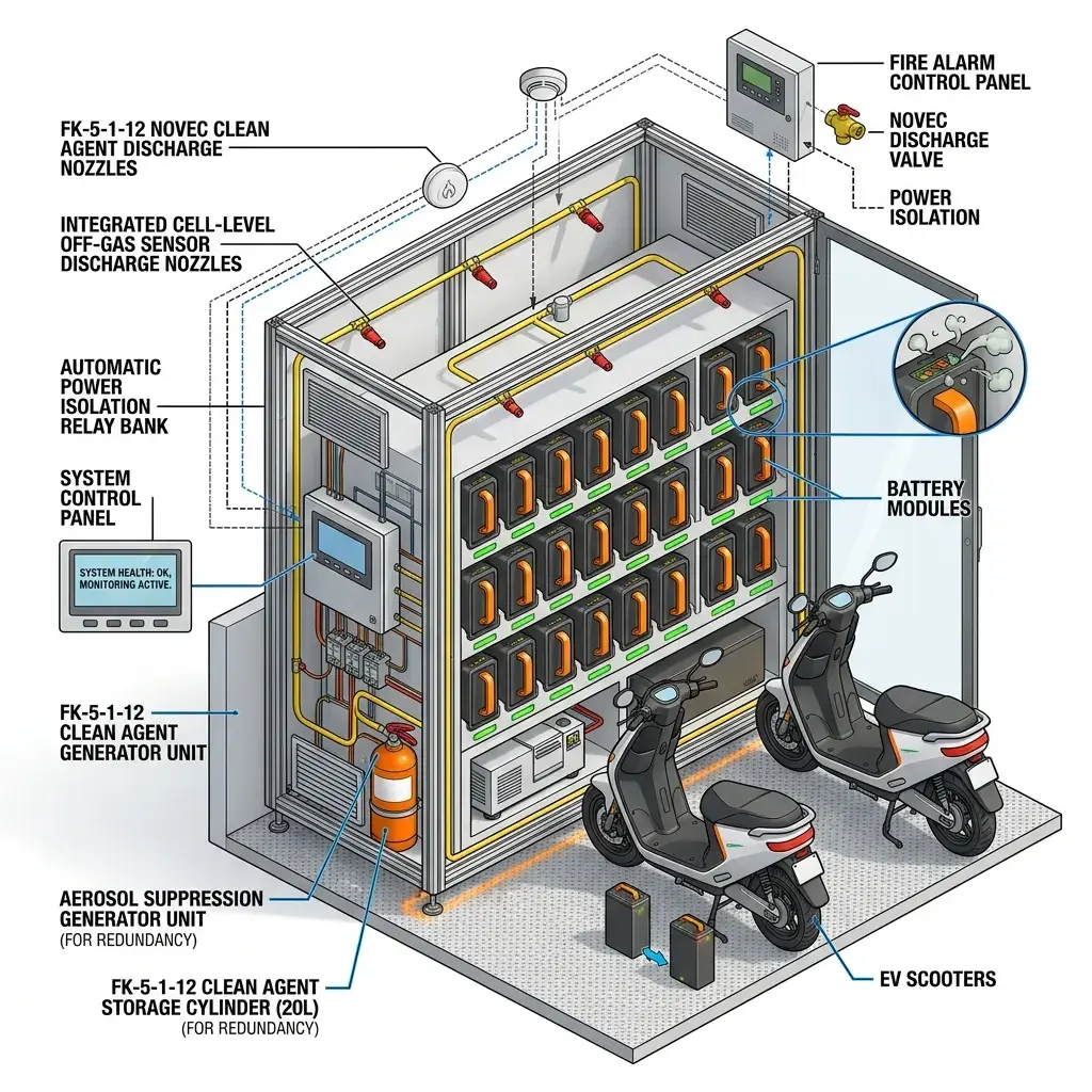 ระบบดับเพลิงอัตโนมัติตู้สลับแบตเตอรี่มอเตอร์ไซค์ไฟฟ้า (EV Battery Swapping Cabinet Fire Protection) มาตรฐาน NFPA 2001 & NFPA 855