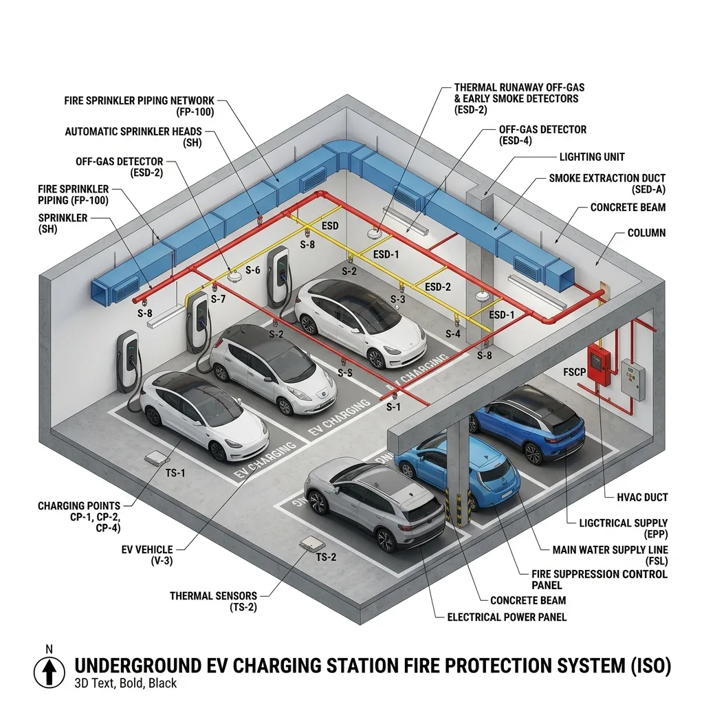 การออกแบบระบบป้องกันอัคคีภัยสถานีชาร์จ EV และลานจอดรถในอาคารตามมาตรฐาน NFPA 13, 15 & NFPA 855