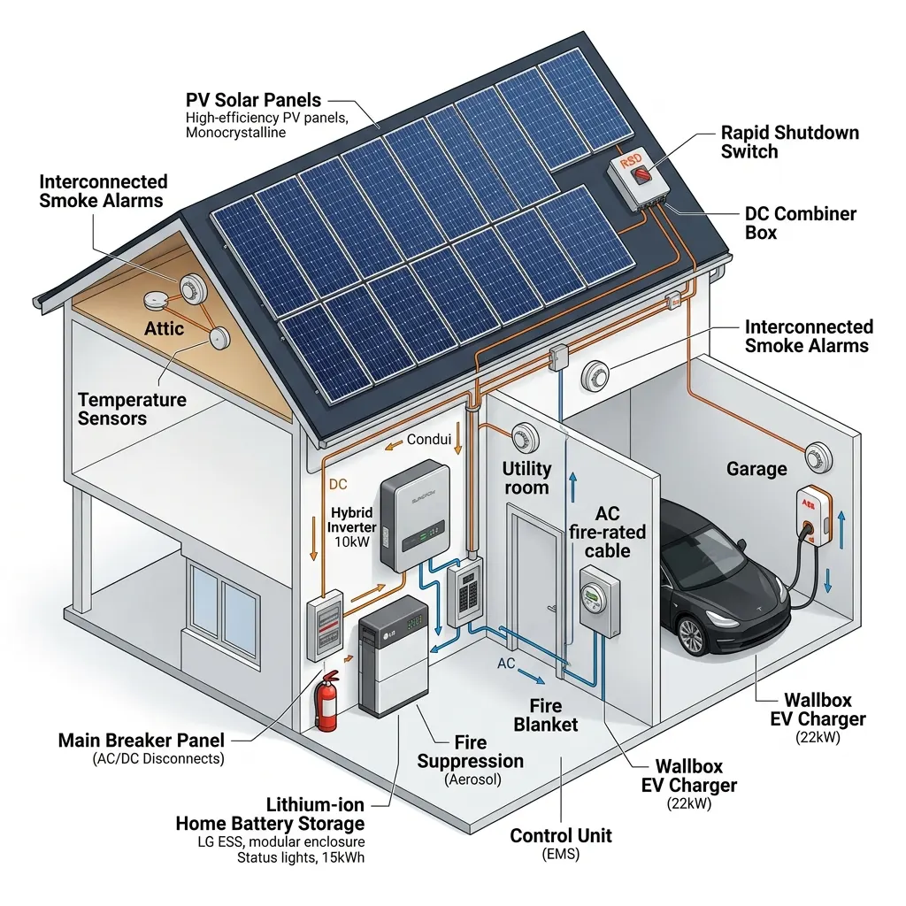 ออกแบบบูรณาการ Solar Rooftop + Hybrid Inverter + EV Charger และระบบเซฟตี้ป้องกันไฟไหม้บ้านตามมาตรฐาน NEC 690 & NFPA 855
